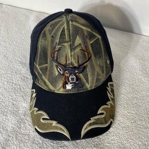 Black With Green Woodlands Camo & Embroidered Deer Buck Hat